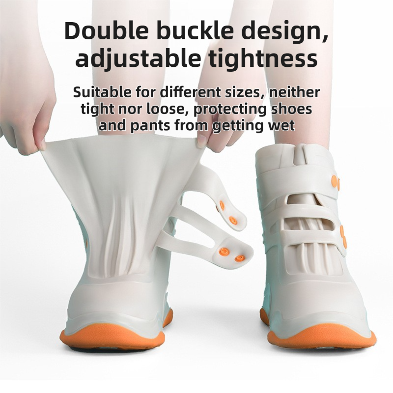 Thickened Waterproof Silicone Rain Shoe Covers and USB Powered Telescopic 3-Setting Timer Shoe Dryer Set for Rainy Season Commuting Camping Hiking Use, Reusable Non-Slip Overshoes with Double Buckle Closure, Khaki Orange Blocking, M Size (EU 34-36)