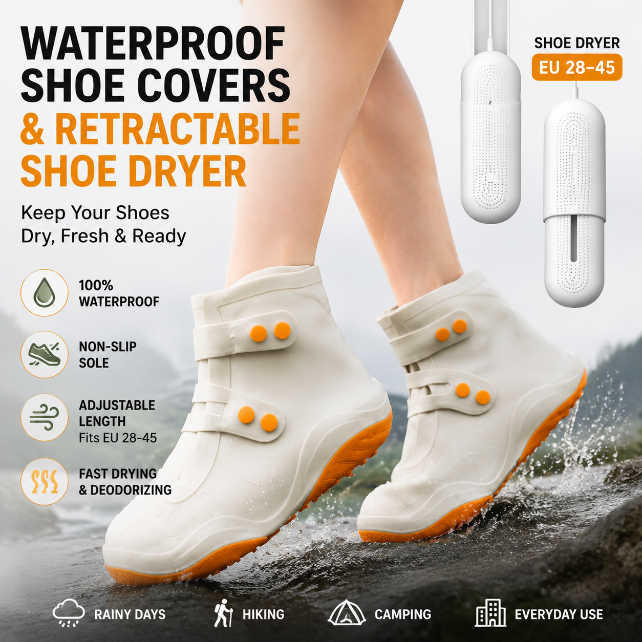 Thickened Waterproof Silicone Rain Shoe Covers and USB Powered Telescopic 3-Setting Timer Shoe Dryer Set for Rainy Season Commuting Camping Hiking Use, Reusable Non-Slip Overshoes with Double Buckle Closure, Khaki Orange Blocking, XL Size (EU 40-42)