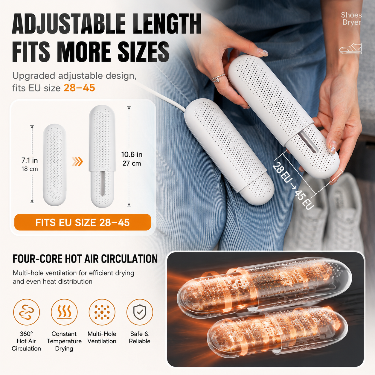 Thickened Waterproof Silicone Rain Shoe Covers and USB Powered Telescopic 3-Setting Timer Shoe Dryer Set for Rainy Season Commuting Camping Hiking Use, Reusable Non-Slip Overshoes with Double Buckle Closure, Khaki Orange Blocking, 2XL Size (EU 43-45)
