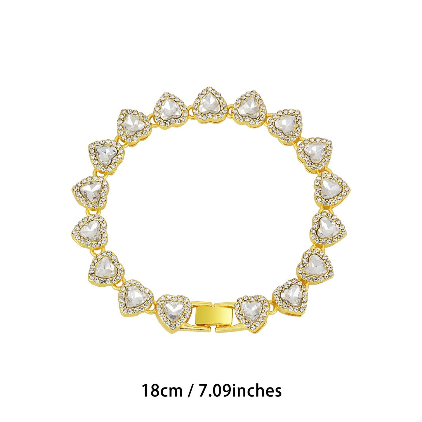 Gold-Plated Heart Rhinestone Cuban Link 18 inch Tennis Necklace and 7 inch Tennis Bracelet Set for Women, Crystal Heart Chain Fashion Jewelry Accessories with Gift Box