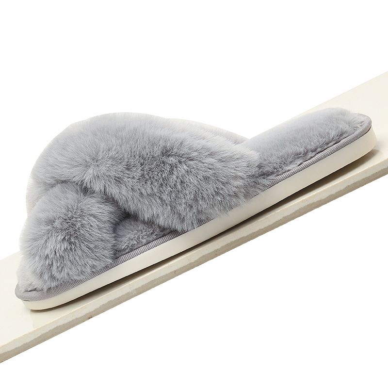Cozy Winter Home Essentials Set - Grey 1 Pair Women's Plush Cross Band Faux Fur Slippers L Size & 2 Pairs Cute Teddy Bear Fuzzy Socks Set, Warm Indoor Lounge Gift Bundle with Non-Slip House Slides