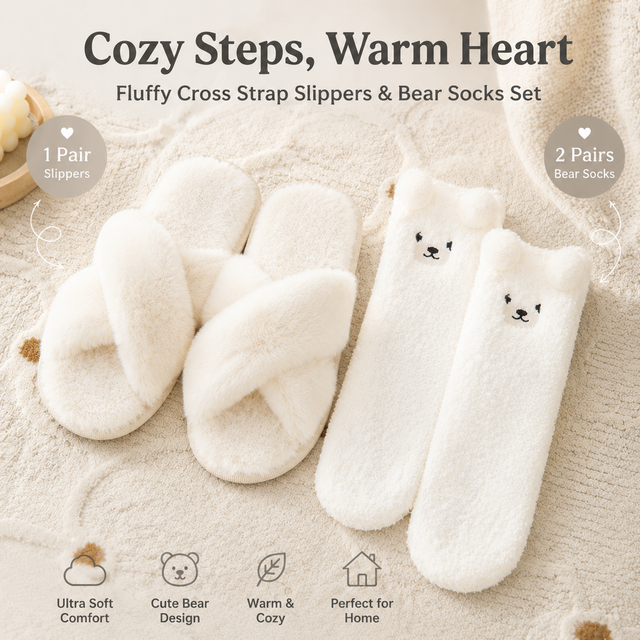 Cozy Winter Home Essentials Set - White 1 Pair Women's Plush Cross Band Faux Fur Slippers M Size & 2 Pairs Cute Teddy Bear Fuzzy Socks Set, Warm Indoor Lounge Gift Bundle with Non-Slip House Slides