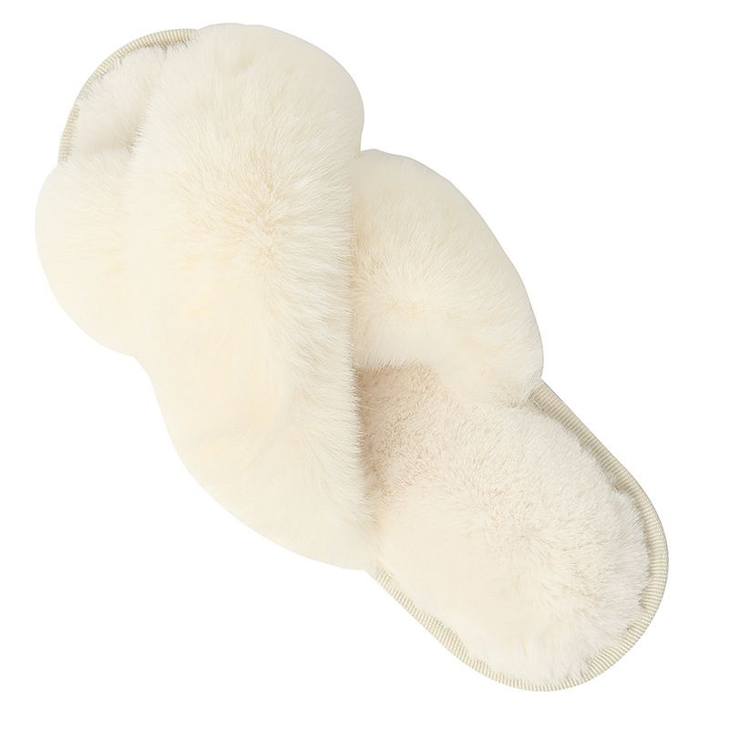 Cozy Winter Home Essentials Set - White 1 Pair Women's Plush Cross Band Faux Fur Slippers M Size & 2 Pairs Cute Teddy Bear Fuzzy Socks Set, Warm Indoor Lounge Gift Bundle with Non-Slip House Slides