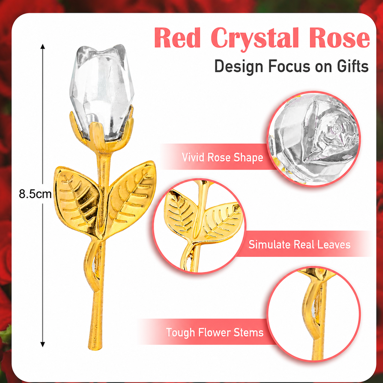 2 Set of Pink Crystal Rose Flower with Silver Gift Box and Silver Plated Stem Leaf – Elegant Crystal & Metal Rose Ornament | Wedding Party Gift, Valentine's Day & Anniversary Keepsake