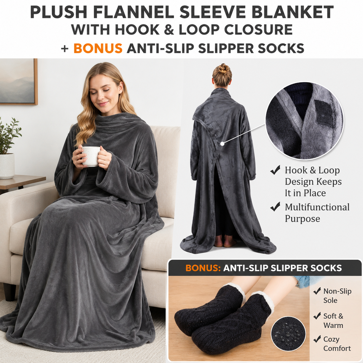 Winter Cozy Warm Loungewear Gift Set – 170 × 200CM Dark Grey Flannel Fleece Wearable Blanket with Adjustable Sleeves Large Front Pocket and Back Velcro Closure, Free L Size Sherpa Fleece Cable Knit Anti-Slip Slipper Socks for Home Relaxation
