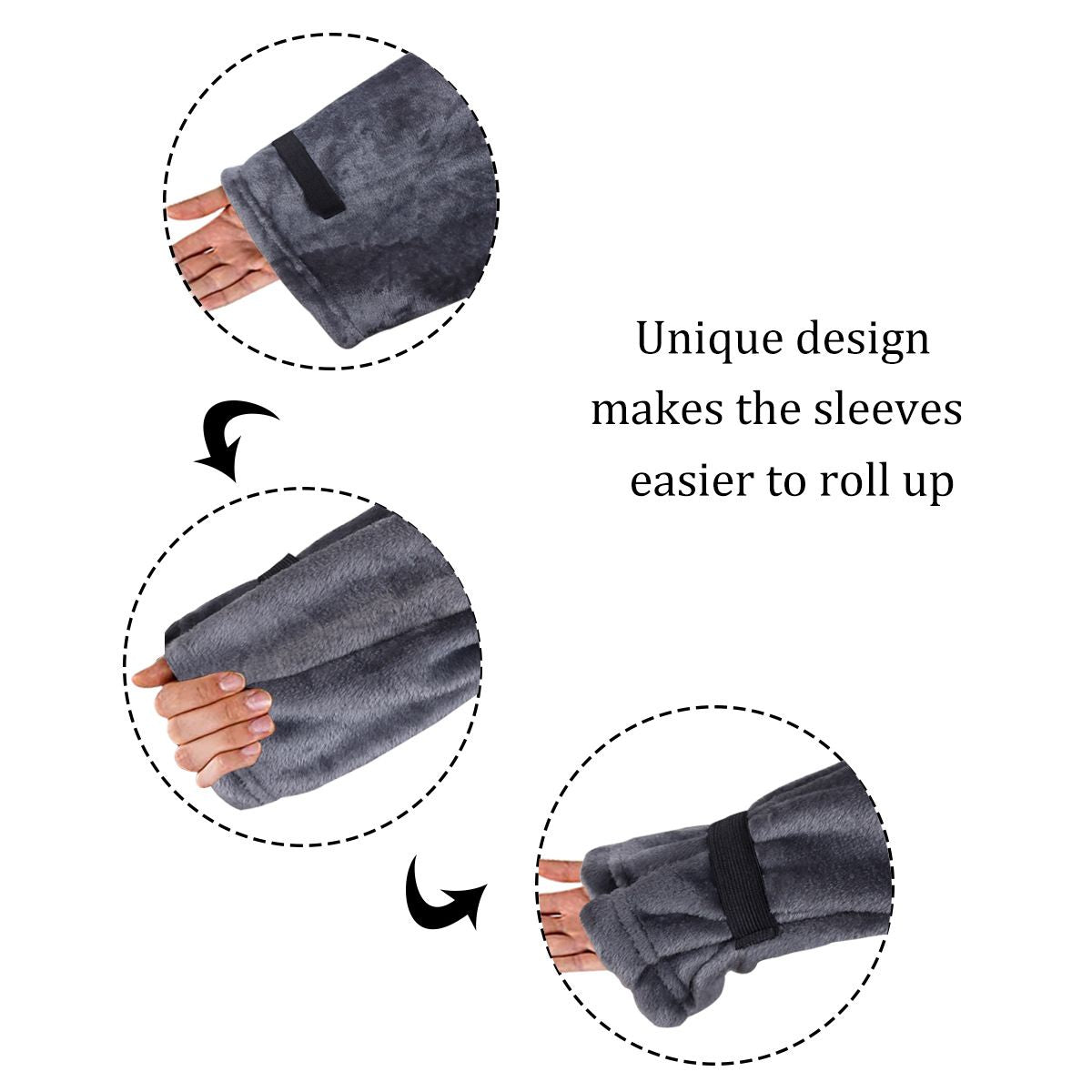 Winter Cozy Warm Loungewear Gift Set – 150 x 180CM Navy Blue Flannel Fleece Wearable Blanket with Adjustable Sleeves Large Front Pocket and Back Velcro Closure, Free M Size Sherpa Fleece Cable Knit Anti-Slip Slipper Socks for Home Relaxation