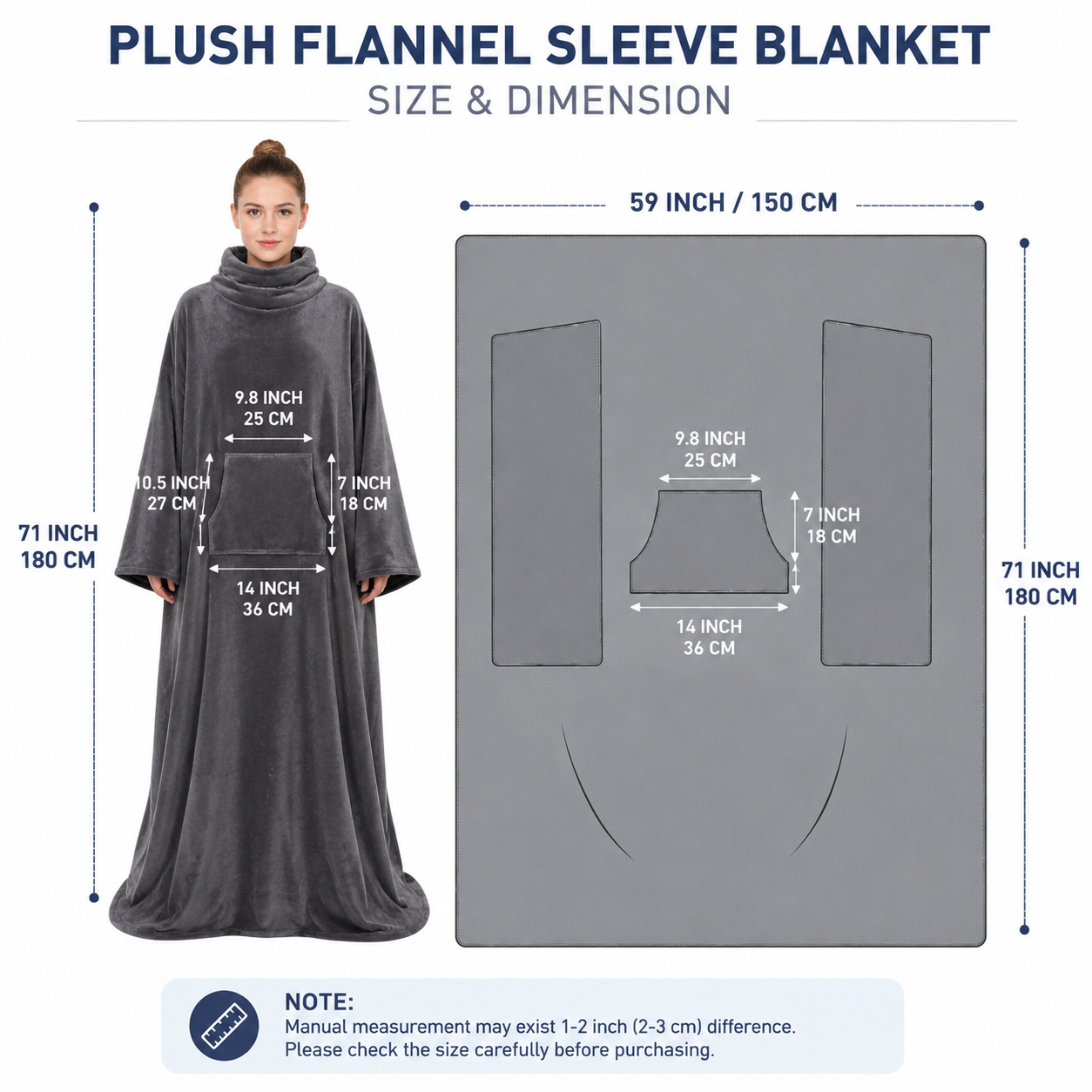 Winter Cozy Warm Loungewear Gift Set – 150 x 180CM Navy Blue Flannel Fleece Wearable Blanket with Adjustable Sleeves Large Front Pocket and Back Velcro Closure, Free XL Size Sherpa Fleece Cable Knit Anti-Slip Slipper Socks for Home Relaxation