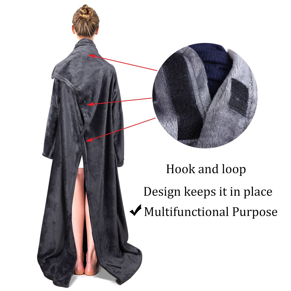 Winter Cozy Warm Loungewear Gift Set – 150 x 180CM Navy Blue Flannel Fleece Wearable Blanket with Adjustable Sleeves Large Front Pocket and Back Velcro Closure, Free XL Size Sherpa Fleece Cable Knit Anti-Slip Slipper Socks for Home Relaxation