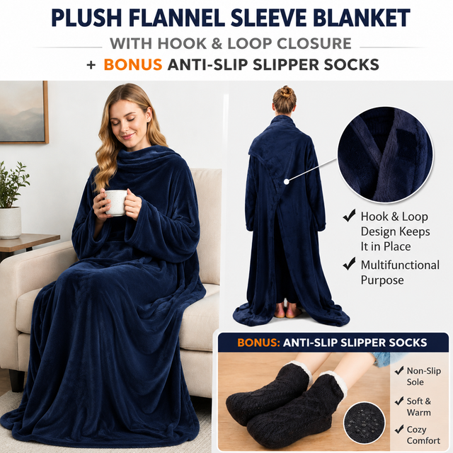 Winter Cozy Warm Loungewear Gift Set – 170 × 200CM Navy Blue Flannel Fleece Wearable Blanket with Adjustable Sleeves Large Front Pocket and Back Velcro Closure, Free L Size Sherpa Fleece Cable Knit Anti-Slip Slipper Socks for Home Relaxation
