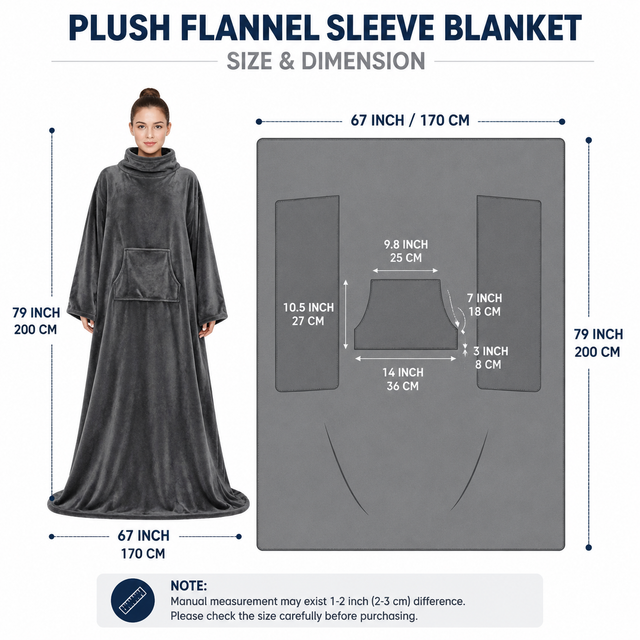 Winter Cozy Warm Loungewear Gift Set – 170 × 200CM Navy Blue Flannel Fleece Wearable Blanket with Adjustable Sleeves Large Front Pocket and Back Velcro Closure, Free L Size Sherpa Fleece Cable Knit Anti-Slip Slipper Socks for Home Relaxation