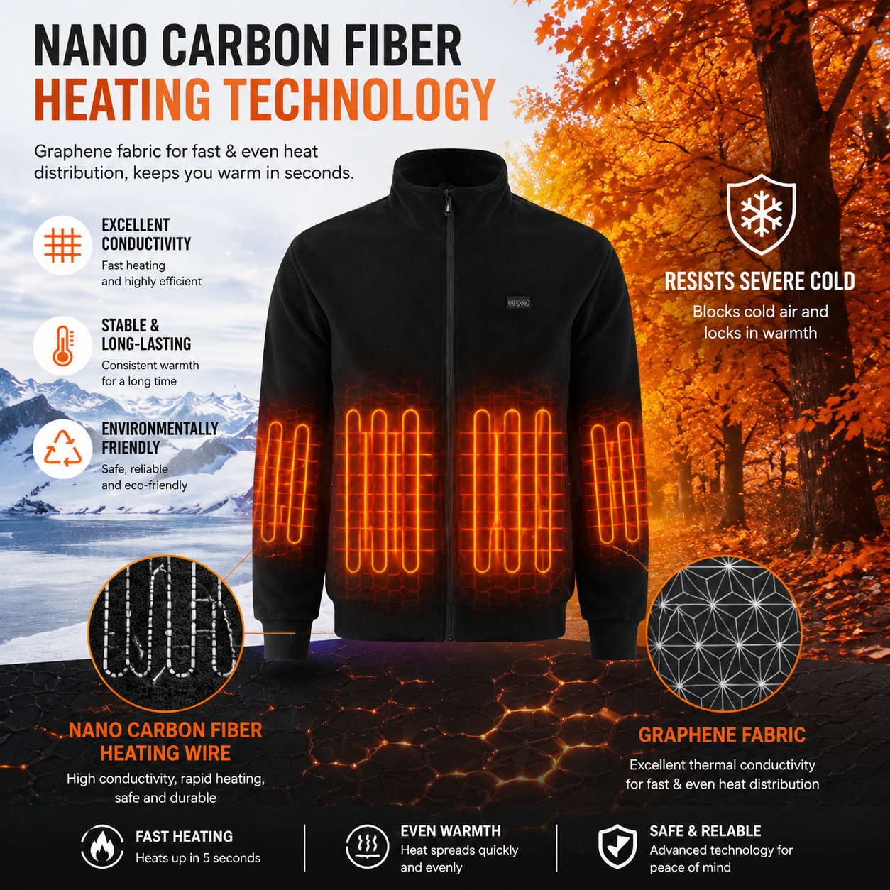 M Size Winter USB Heated Windproof Soft Fleece Warm Jacket for Men and Women – 8 Zones Graphene & Carbon Fiber Fast Heating Coat with Front & Back Dual-Control Button and 3 Level Heating, Washable Design, Muti Pockets, Ribbed Cuff & Stand Collar