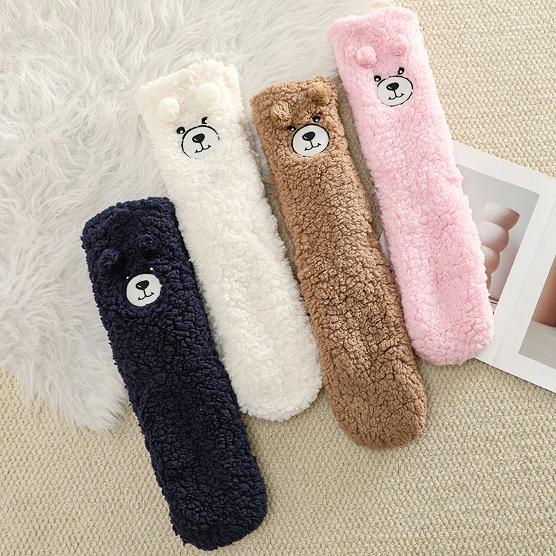 White Winter Women’s Cute Bear Plush Knee High Slipper Socks – Warm Fleece Floor Socks and Sleeping Socks with Non-Slip Grips, One Size for EU 35-40