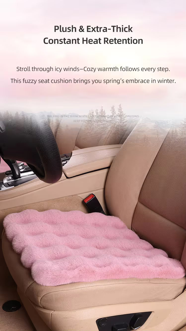 2-Piece Winter Warm Non-Slip Car Interior Comfort Combo with Khaki Soft Bubble Fleece 3D Fluffy Car Seat Cushion and Black Plush Steering Wheel Cover, Universal Dia 38CM