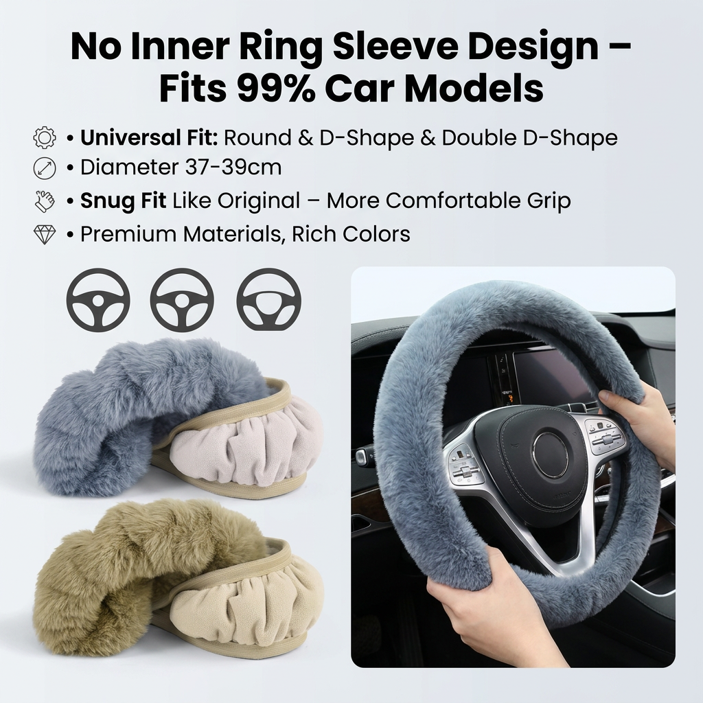 2-Piece Winter Warm Non-Slip Car Interior Comfort Combo with Khaki Soft Bubble Fleece 3D Fluffy Car Seat Cushion and Black Plush Steering Wheel Cover, Universal Dia 38CM