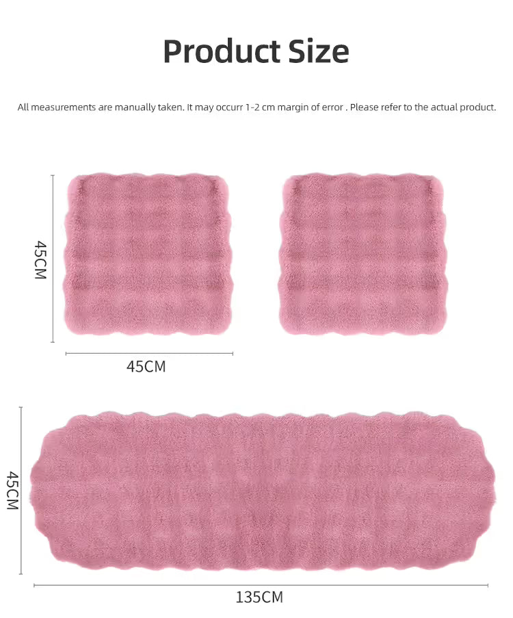 2-Piece Winter Warm Non-Slip Car Interior Comfort Combo with White Soft Bubble Fleece 3D Fluffy Car Seat Cushion and Black Plush Steering Wheel Cover, Universal Dia 38CM
