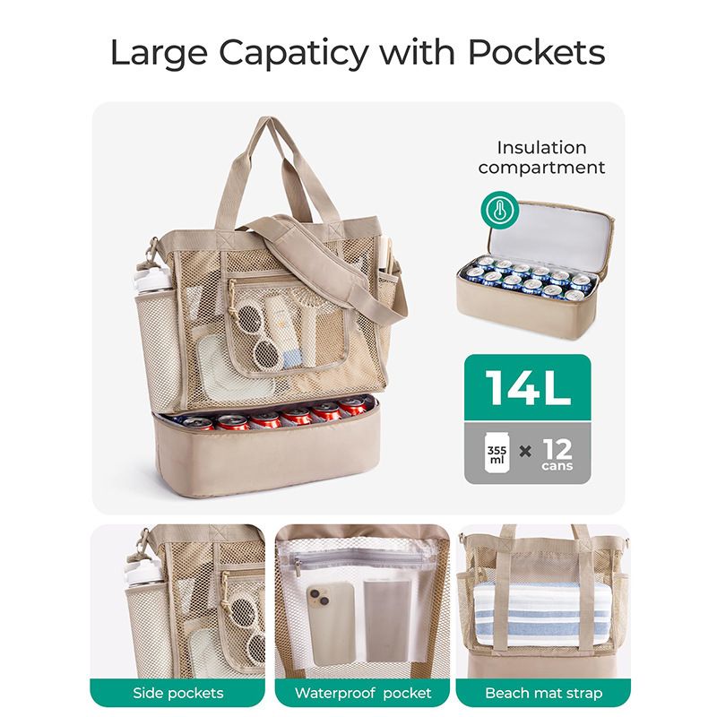 16.5 x 7.9 x 18.9" Black Beach Travel Mesh Tote Bag with 14L Insulated Drink Compartment - Multi Pockets Sandproof Beach Picnic Bag with Picnic Mat Strap, Cup Holder and Waterproof Phone Pocket