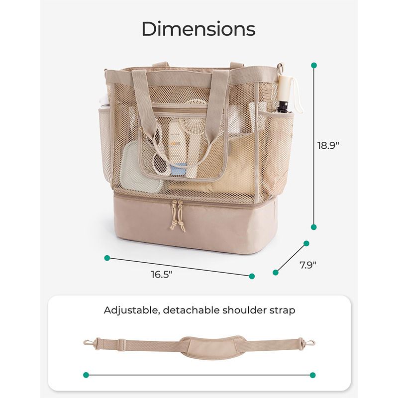 16.5 x 7.9 x 18.9" Beige Beach Travel Mesh Tote Bag with 14L Insulated Drink Compartment - Multi Pockets Sandproof Beach Picnic Bag with Picnic Mat Strap, Cup Holder and Waterproof Phone Pocket