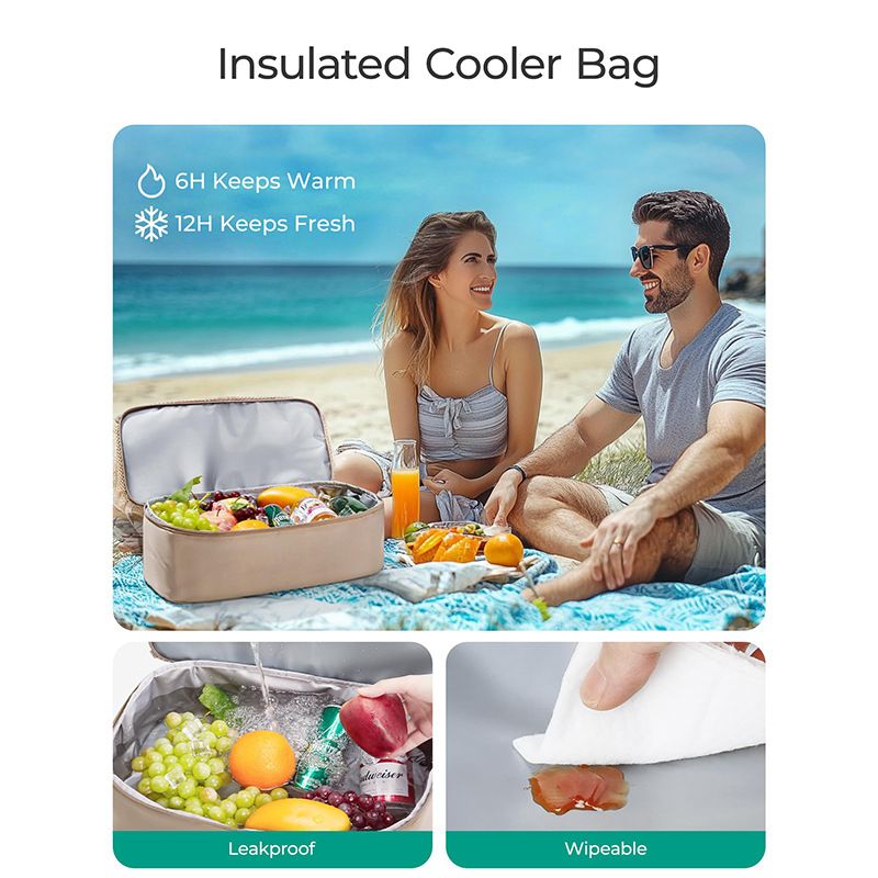 16.5 x 7.9 x 18.9" Beige Beach Travel Mesh Tote Bag with 14L Insulated Drink Compartment - Multi Pockets Sandproof Beach Picnic Bag with Picnic Mat Strap, Cup Holder and Waterproof Phone Pocket
