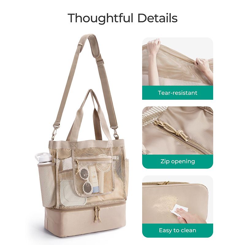 16.5 x 7.9 x 18.9" Light Blue Beach Travel Mesh Tote Bag with 14L Insulated Drink Compartment - Multi Pockets Sandproof Beach Picnic Bag with Picnic Mat Strap, Cup Holder and Waterproof Phone Pocket