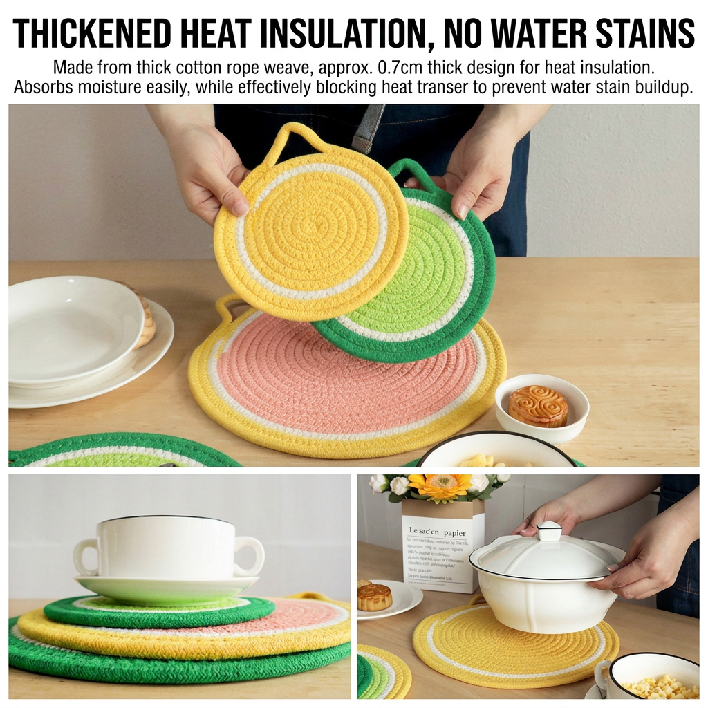 3-Piece Lemon Inspired Kitchen Heat Resistant Set with 18cm & 30cm Round Cotton Rope Woven Trivets + 1 Pair Duckbill Oven Mitt - Foldable Table Protection Mats and Black Polka Dot Cooking Gloves, Perfect for Home Baking and Cooking Lover