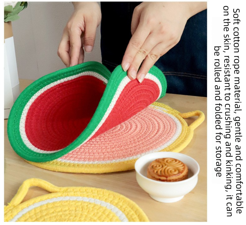3-Piece Lemon Inspired Kitchen Heat Resistant Set with 18cm & 30cm Round Cotton Rope Woven Trivets + 1 Pair Duckbill Oven Mitt - Foldable Table Protection Mats and Black Polka Dot Cooking Gloves, Perfect for Home Baking and Cooking Lover
