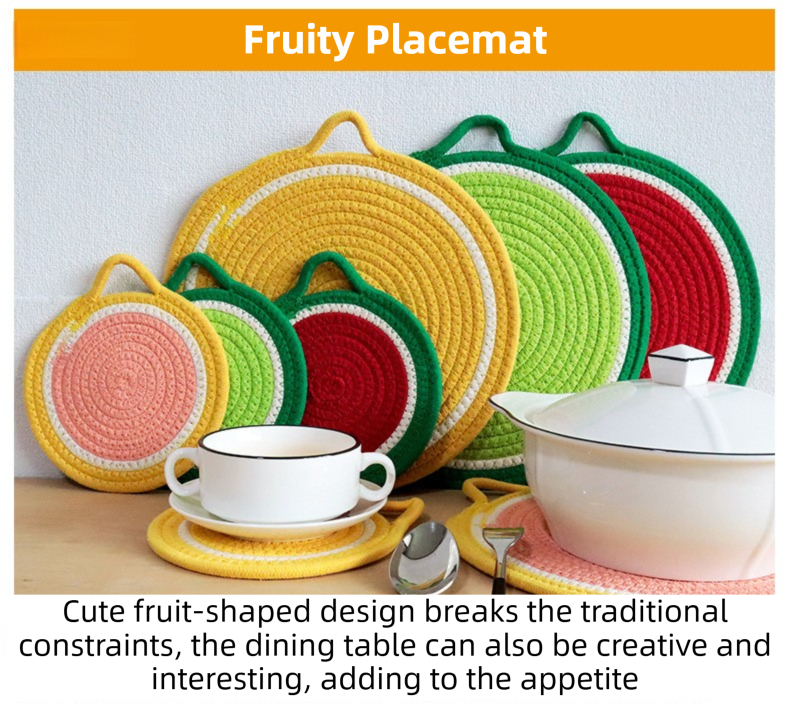 3-Piece Grapefruit Inspired Kitchen Heat Resistant Set with 18cm & 30cm Round Cotton Rope Woven Trivets + 1 Pair Duckbill Oven Mitt - Foldable Table Protection Mats and Black Polka Dot Cooking Gloves, Perfect for Home Baking and Cooking Lover