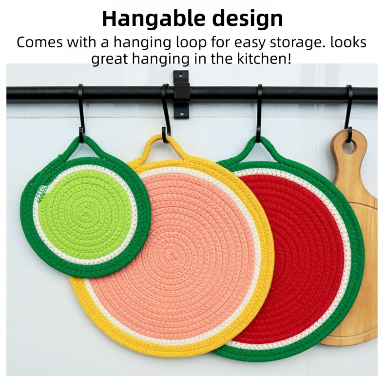 3-Piece Grapefruit Inspired Kitchen Heat Resistant Set with 18cm & 30cm Round Cotton Rope Woven Trivets + 1 Pair Duckbill Oven Mitt - Foldable Table Protection Mats and Black Polka Dot Cooking Gloves, Perfect for Home Baking and Cooking Lover
