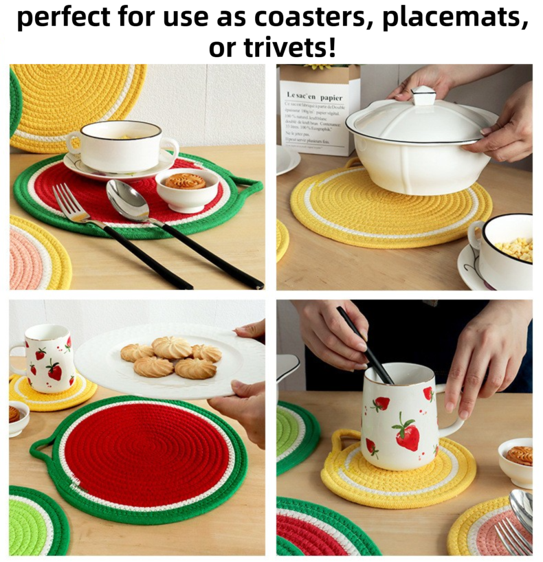 3-Piece Grapefruit Inspired Kitchen Heat Resistant Set with 18cm & 30cm Round Cotton Rope Woven Trivets + 1 Pair Duckbill Oven Mitt - Foldable Table Protection Mats and Black Polka Dot Cooking Gloves, Perfect for Home Baking and Cooking Lover