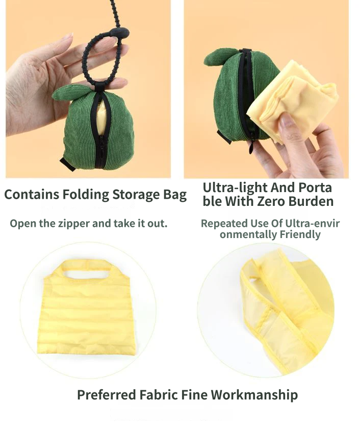 Portable Cute Lemon Corduroy Storage Pouch with Zipper and Hidden Folding Shopping Bag - Lightweight Reusable Eco Grocery Tote Bag with Fruit Charm for Shopping, Travel, Books, iPad and Daily Essentials