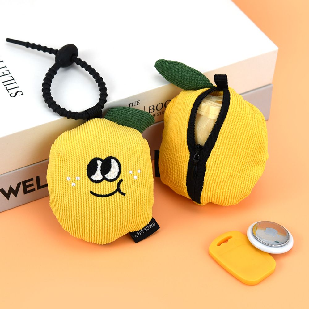 Portable Cute Lemon Corduroy Storage Pouch with Zipper and Hidden Folding Shopping Bag - Lightweight Reusable Eco Grocery Tote Bag with Fruit Charm for Shopping, Travel, Books, iPad and Daily Essentials