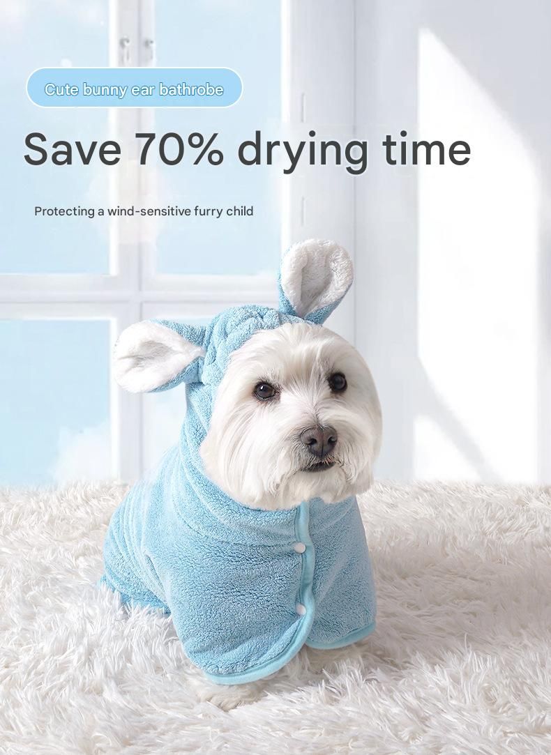Pink M size Pet Drying Robe with Hood - Quick Dry Coral Fleece Towel for Dogs and Cats, Super Absorbent Bathrobe with Cute Rabbit Ears, Adjustable Fit for All Sizes, Easy to Wear and Machine Washable