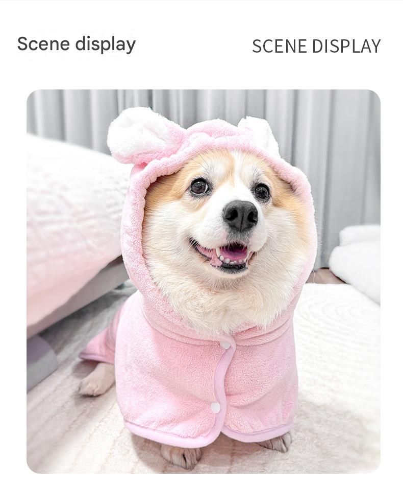 Pink M size Pet Drying Robe with Hood - Quick Dry Coral Fleece Towel for Dogs and Cats, Super Absorbent Bathrobe with Cute Rabbit Ears, Adjustable Fit for All Sizes, Easy to Wear and Machine Washable