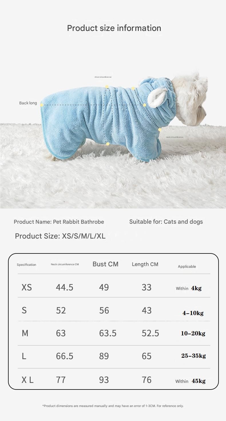 Yellow XS size Pet Drying Robe with Hood - Quick Dry Coral Fleece Towel for Dogs and Cats, Super Absorbent Bathrobe with Cute Rabbit Ears, Adjustable Fit for All Sizes, Easy to Wear and Machine Washable