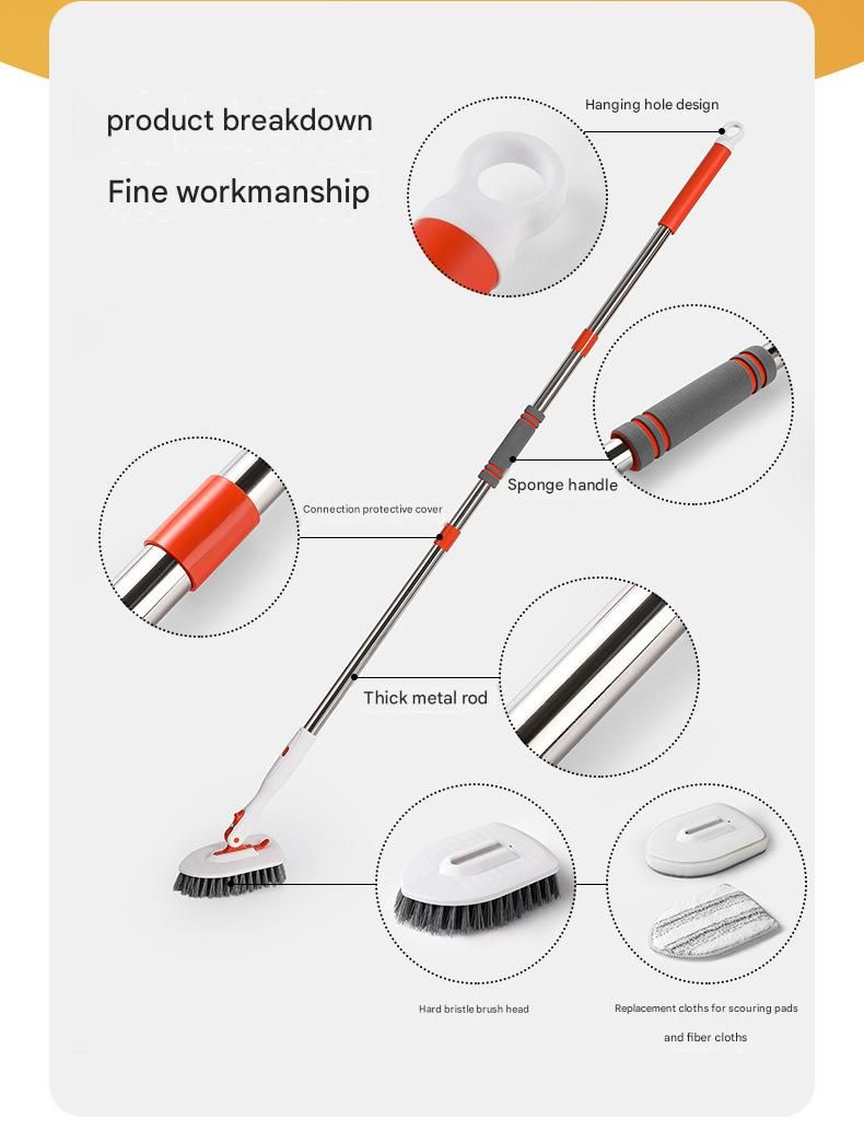 6-piece(Three-section pole+stiff brush+base plate+microfiber cloth + scouring pad+ squeegee) Long Handle Bathroom Floor Scrub Brush  - 180° Rotating Angle, Stainless Steel Pole, Corner Cleaning Design for Tiles, Grout, Bathtub, Shower - Heavy Duty Cleanin