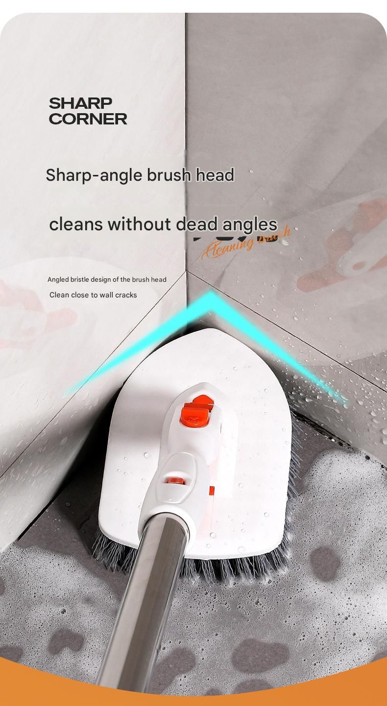 6-piece(Three-section pole+stiff brush+base plate+microfiber cloth + scouring pad+ squeegee) Long Handle Bathroom Floor Scrub Brush  - 180° Rotating Angle, Stainless Steel Pole, Corner Cleaning Design for Tiles, Grout, Bathtub, Shower - Heavy Duty Cleanin