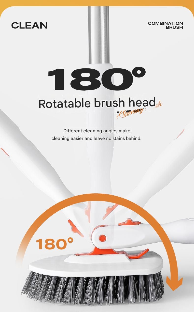 6-piece(Three-section pole+stiff brush+base plate+microfiber cloth + scouring pad+ squeegee) Long Handle Bathroom Floor Scrub Brush  - 180° Rotating Angle, Stainless Steel Pole, Corner Cleaning Design for Tiles, Grout, Bathtub, Shower - Heavy Duty Cleanin
