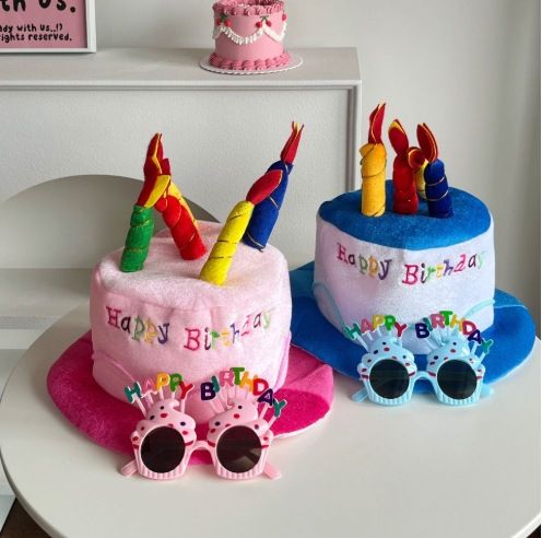 2-piece Blue Plush Birthday Cake Hat Set - Novelty Party Accessory with Matching Glasses, Fun Photo Prop for Adults and Kids