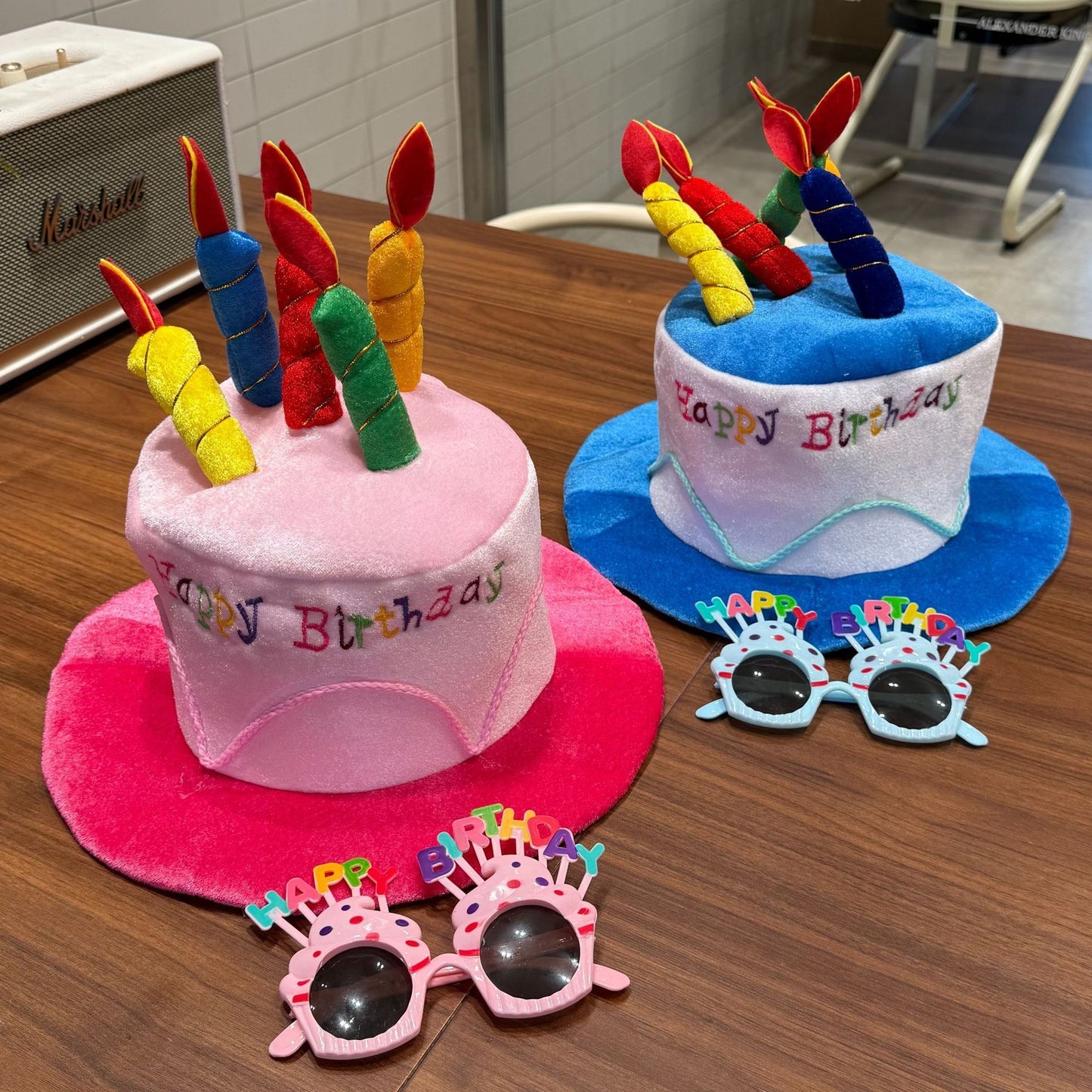 2-piece Blue Plush Birthday Cake Hat Set - Novelty Party Accessory with Matching Glasses, Fun Photo Prop for Adults and Kids