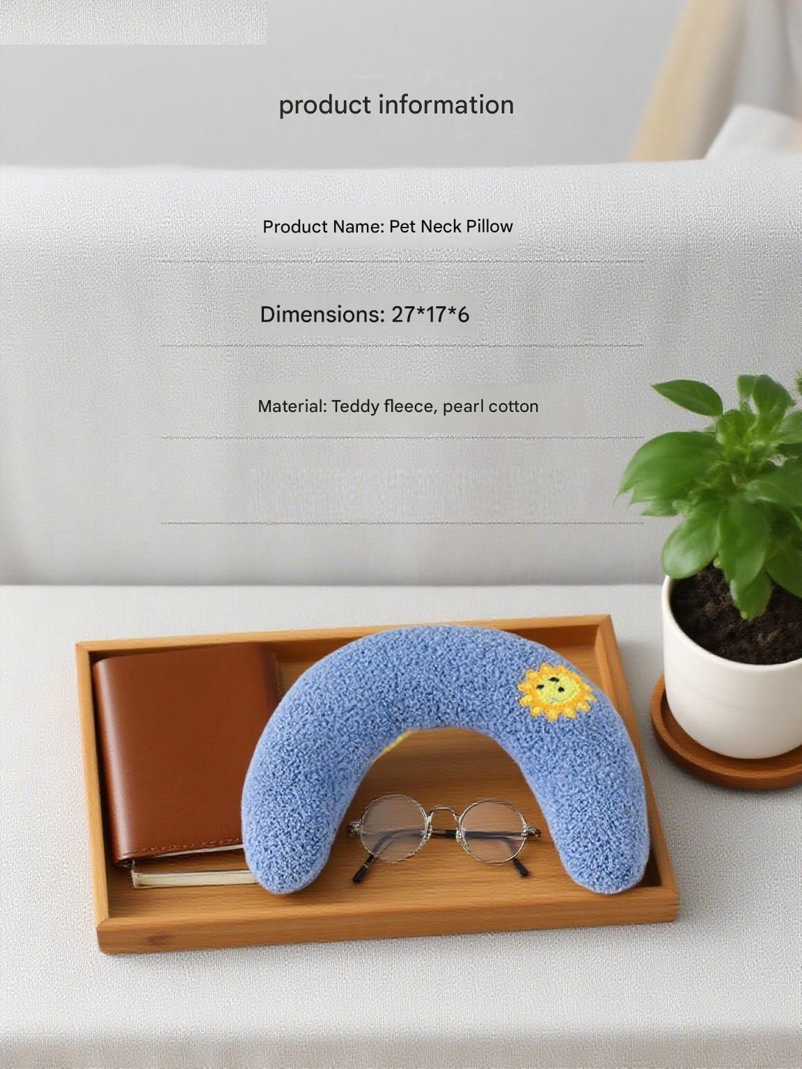 Blue Pet U-Shaped Pillow - Soft Teddy Velvet Neck Support Cushion for Dogs and Cats, Deep Sleep Aid with Embroidered Design, Lightweight and Comfortable Pet Bed Accessory