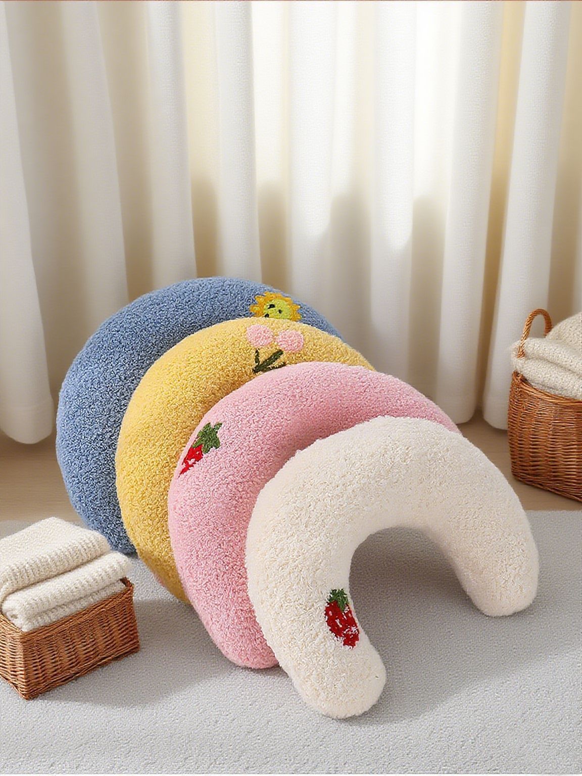 Yellow Pet U-Shaped Pillow - Soft Teddy Velvet Neck Support Cushion for Dogs and Cats, Deep Sleep Aid with Embroidered Design, Lightweight and Comfortable Pet Bed Accessory