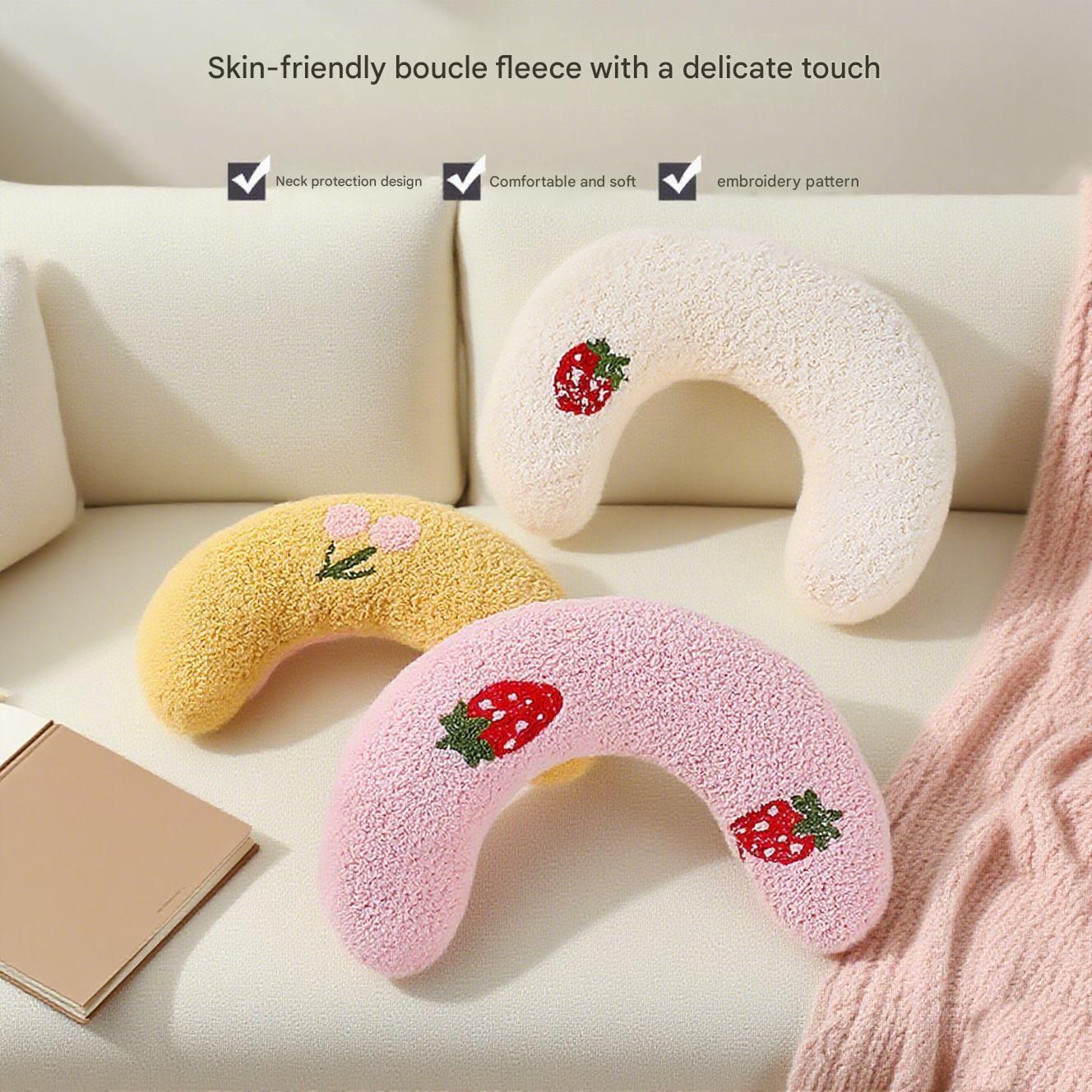 Pink Pet U-Shaped Pillow - Soft Teddy Velvet Neck Support Cushion for Dogs and Cats, Deep Sleep Aid with Embroidered Design, Lightweight and Comfortable Pet Bed Accessory
