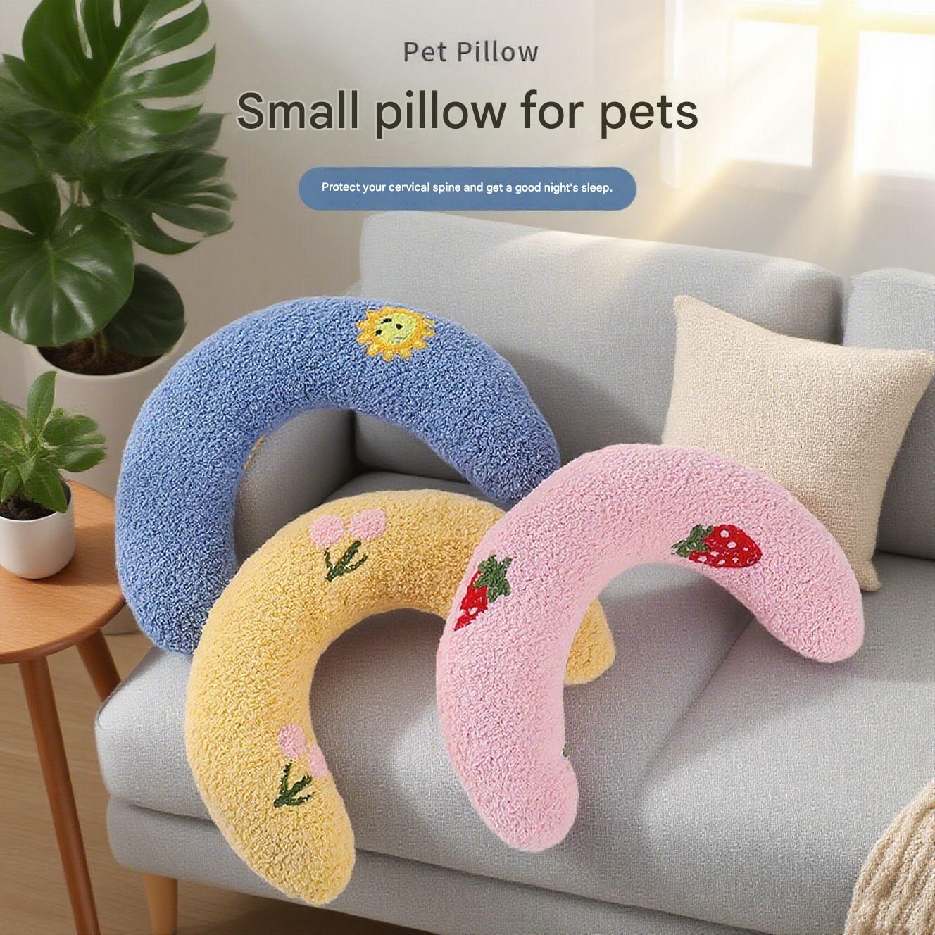 White Pet U-Shaped Pillow - Soft Teddy Velvet Neck Support Cushion for Dogs and Cats, Deep Sleep Aid with Embroidered Design, Lightweight and Comfortable Pet Bed Accessory