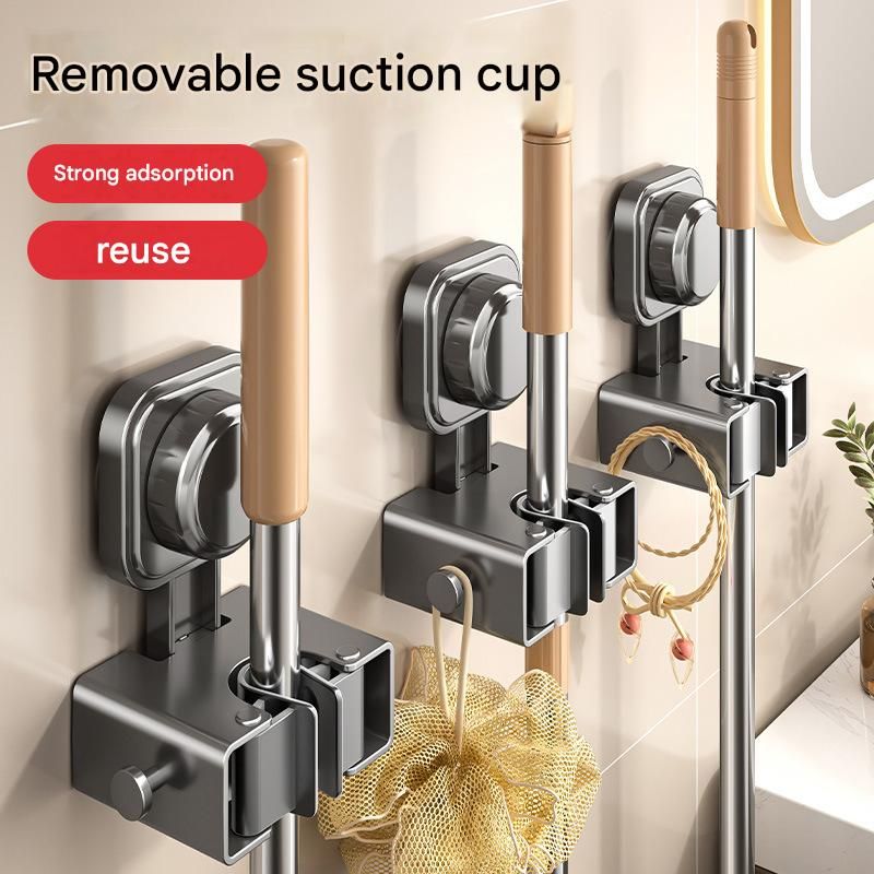 2 pack Grey Suction Cup Mop and Broom Holder Wall Mount - No Drill Adhesive Hook for Bathroom, Kitchen and Laundry, Strong Hold Reusable Storage Organiser for Cleaning Tools