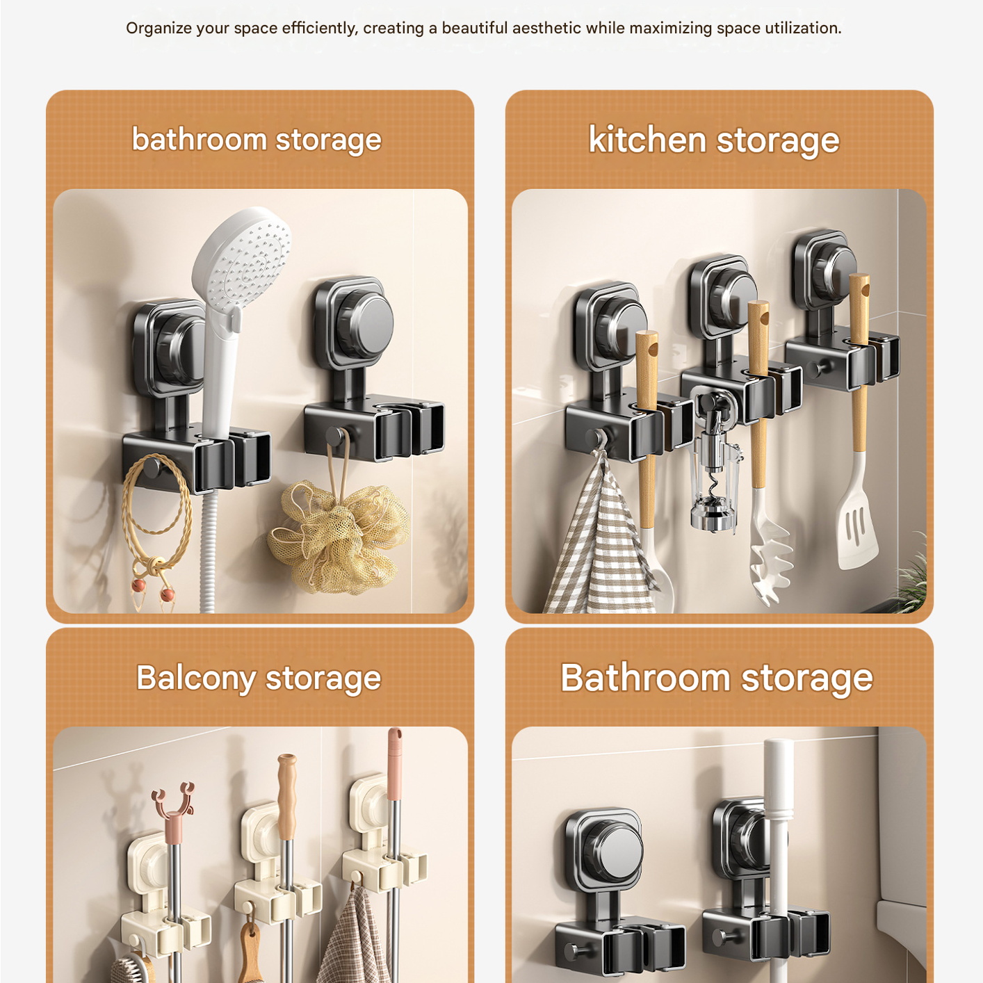 4 pack Grey Suction Cup Mop and Broom Holder Wall Mount - No Drill Adhesive Hook for Bathroom, Kitchen and Laundry, Strong Hold Reusable Storage Organiser for Cleaning Tools