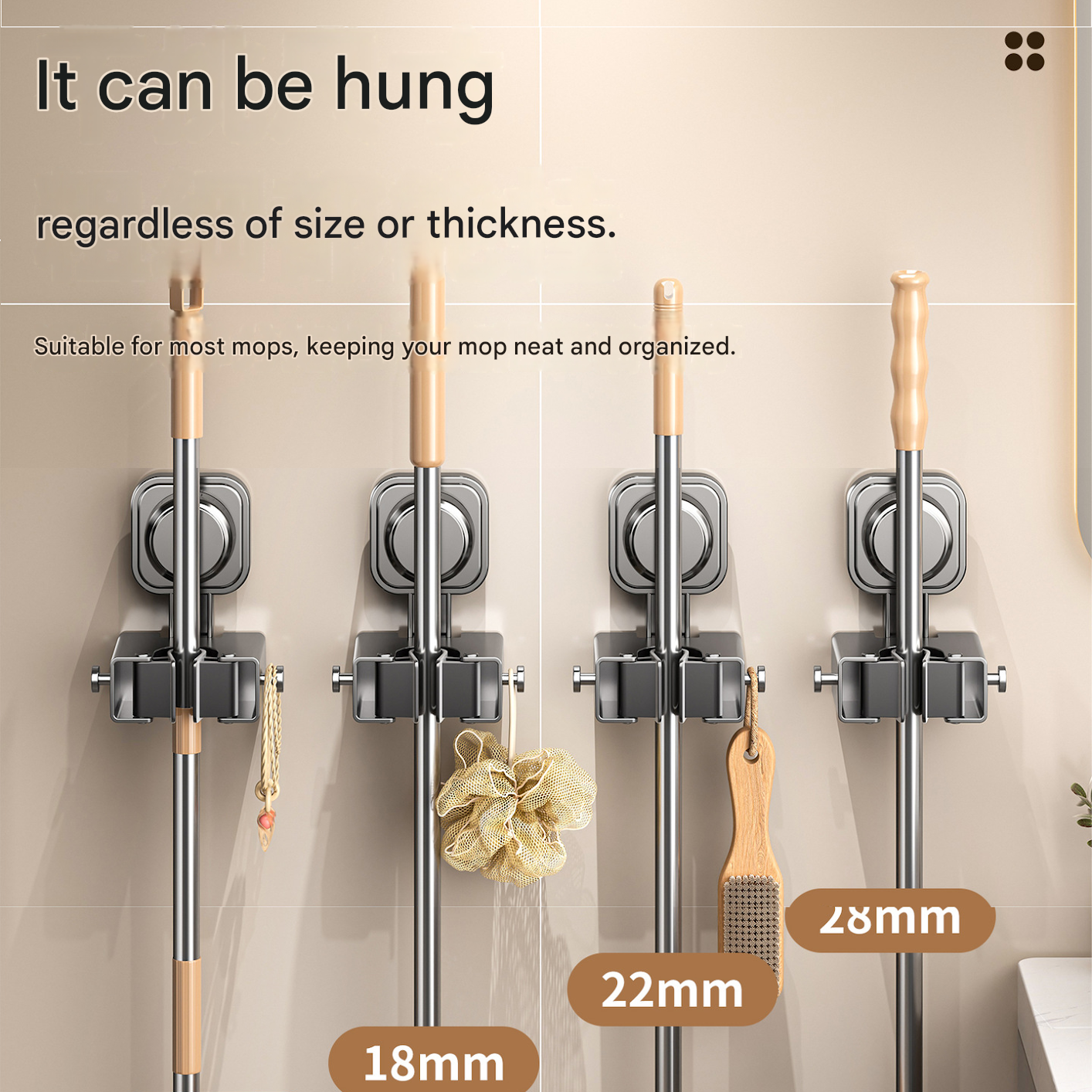 3 pack Milky white Suction Cup Mop and Broom Holder Wall Mount - No Drill Adhesive Hook for Bathroom, Kitchen and Laundry, Strong Hold Reusable Storage Organiser for Cleaning Tools
