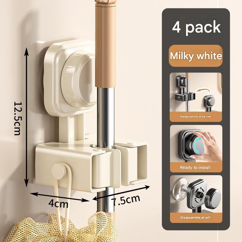 4 pack Milky white Suction Cup Mop and Broom Holder Wall Mount - No Drill Adhesive Hook for Bathroom, Kitchen and Laundry, Strong Hold Reusable Storage Organiser for Cleaning Tools