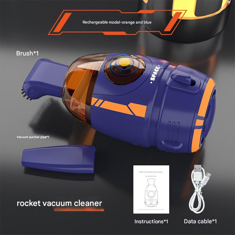Orange and Blue Rocket Desktop Vacuum Cleaner - USB Rechargeable, 500mAh Battery, Two Types of Suction Nozzles, Transparent Dustbin - Compact Handheld Vacuum for Keyboard, Eraser Shavings, Desk & Car Cleaning
