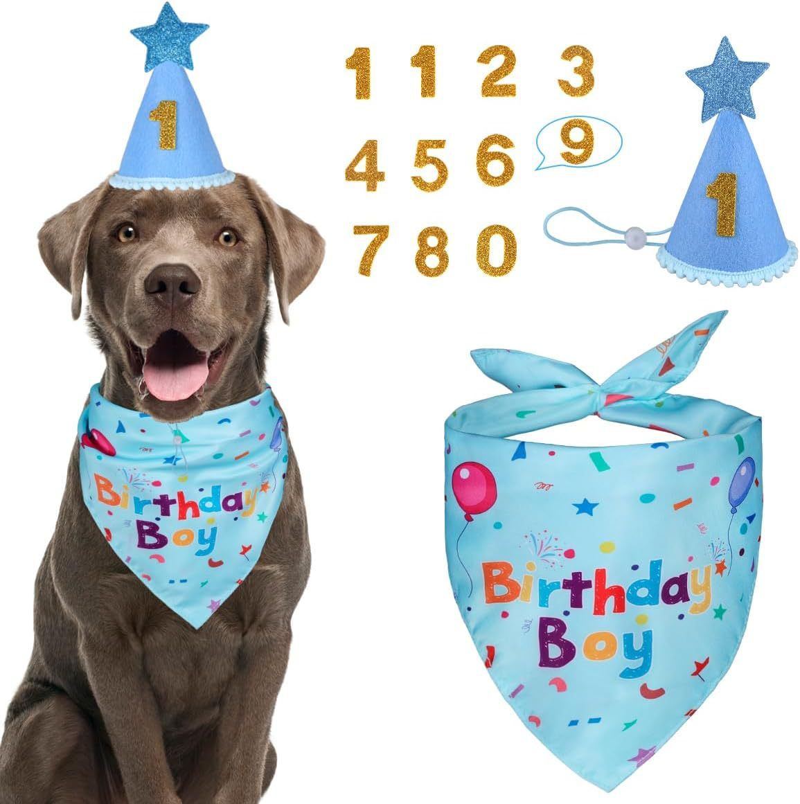 Blue Pet Birthday Bandana and Hat Set - Soft Cotton, Double-Sided Print, Adjustable Party Hat with Number - Cute Dog Birthday Accessories for Photo Props and Celebration