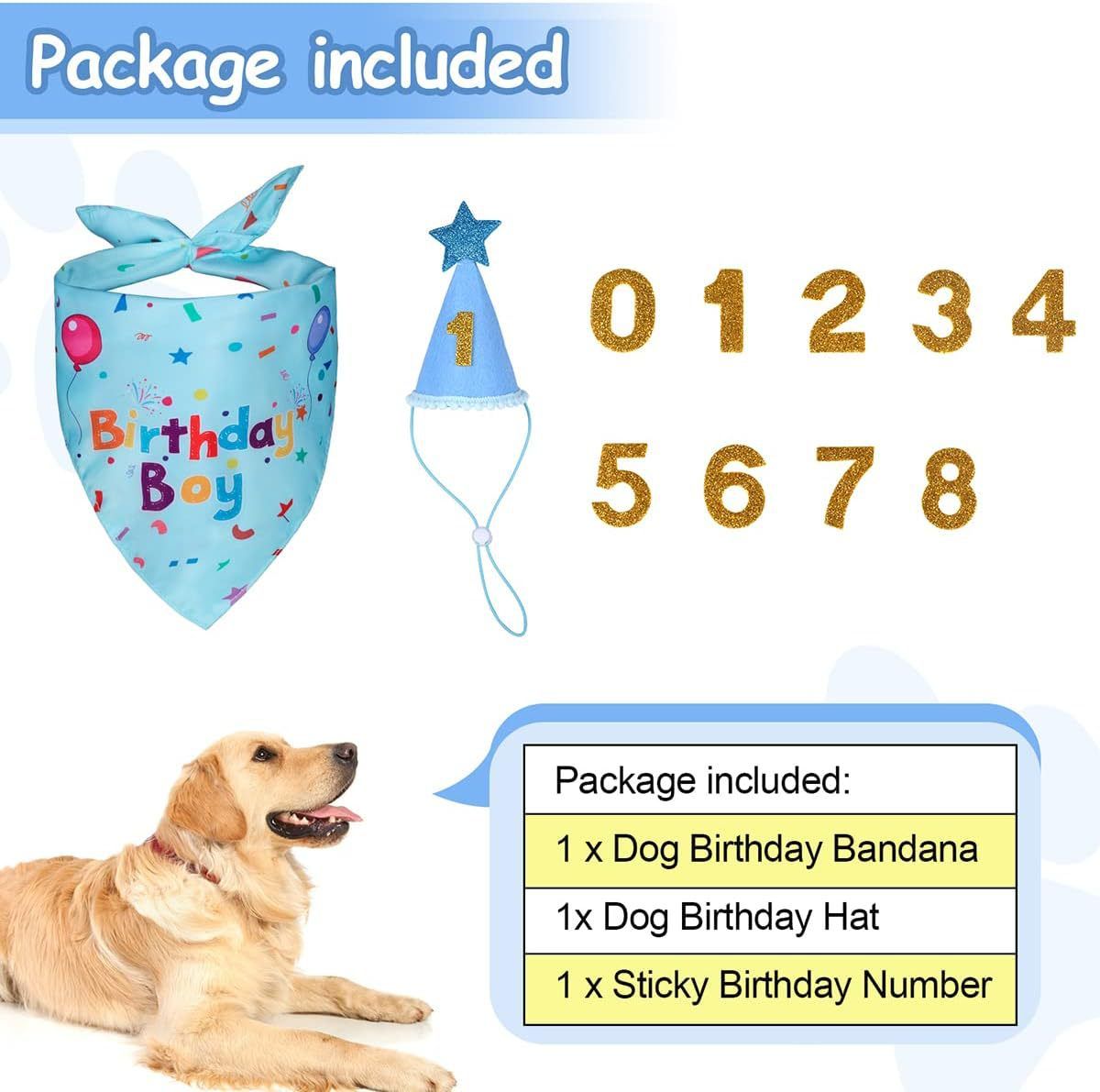 Blue Pet Birthday Bandana and Hat Set - Soft Cotton, Double-Sided Print, Adjustable Party Hat with Number - Cute Dog Birthday Accessories for Photo Props and Celebration