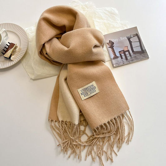 Khaki and Beige Double-Sided Reversible Imitation Cashmere Scarf for Women - Soft Warm Winter Neck Wrap with Classic Boho Tassel Edge, Solid Color Design for Versatile Styling - Cozy Everyday Accessory for Travel, Work & Casual Wear